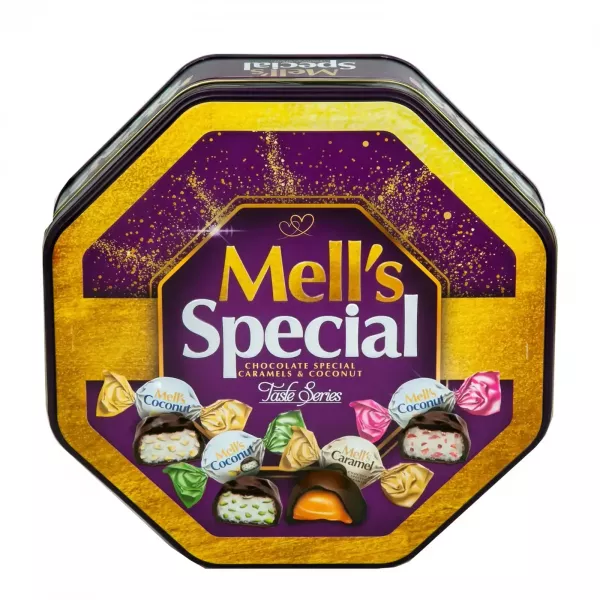 Mell's caramel and coconut chocolate 500g - premium halal Middle Eastern confectionery with textured fillings