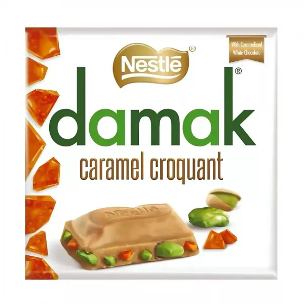 Nestle Damak White Chocolate with Pistachio & Caramel Croquant 60g - creamy white chocolate with crunchy pistachio-caramel bits. Available at halalo.co.uk and Halalo.
