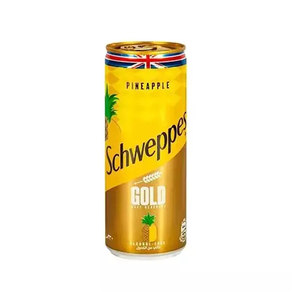 Experience the taste of the tropics with Schweppes Gold Pineapple 330ml! This refreshing pineapple soda features a delightful blend of sweet pineapple flavor with a touch of malt , Available at halalo.co.uk and Halalo.