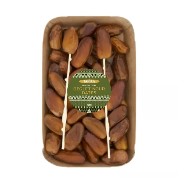 Tahira Premium Deglet Nour Dates 400g. Indulge in the sweet taste of premium Deglet Nour dates. Available at halalo.co.uk and Halalo.