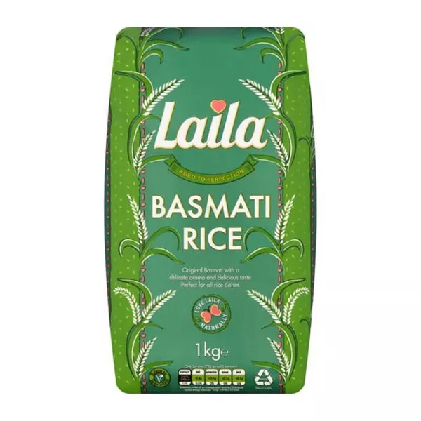 Laila Basmati Rice 1kg pack – Halal-certified extra-long grain basmati rice with natural aroma