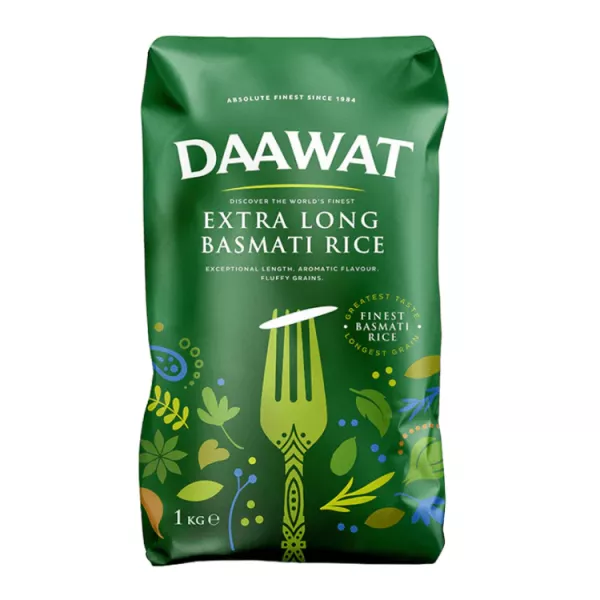 Daawat Extra Long Basmati Rice 1kg pack – Halal-certified basmati with 7.5mm+ grains