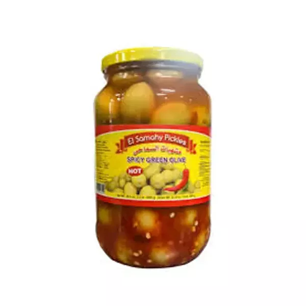 El Samahy Pickles Spicy Green Olives 1kg. Spicy and flavorful green olives. Available at halalo.co.uk and Halalo.