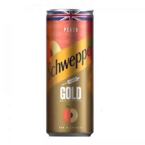 Schweppes Gold Peach 350ml. A refreshing peach-flavored drink. Perfect for any occasion. Available at halalo.co.uk and Halalo.