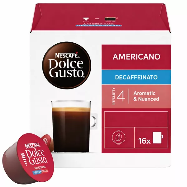 Nescafe Dolce Gusto Americano Decaffeinato Coffee Pods Box with a glass of black coffee