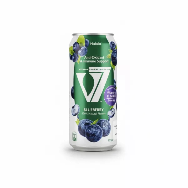 Can of Halalo V7 Blueberry Vitamin Sparkling Drink held in hand