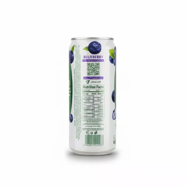 Back view of Halalo V7 Blueberry Vitamin Sparkling Drink showing nutritional facts and barcode