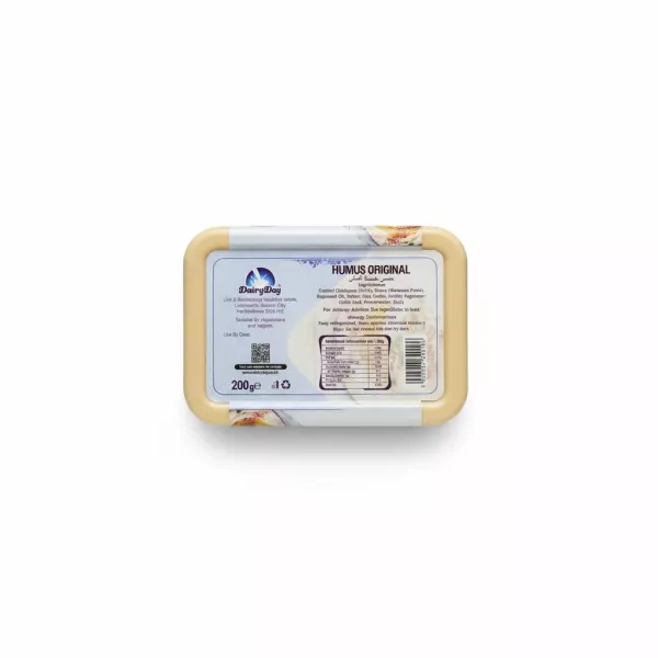 Back label showing ingredients and nutrition info for Halalo DairyDay Original Humus