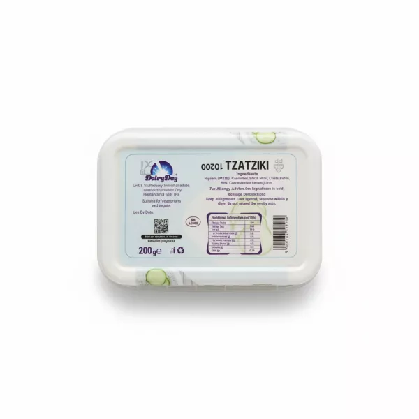 DairyDay Tzatziki dip 200g tub back view with ingredients and nutrition info