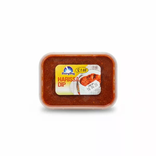 DairyDay Harissa Dip plastic tub front label showing product and price