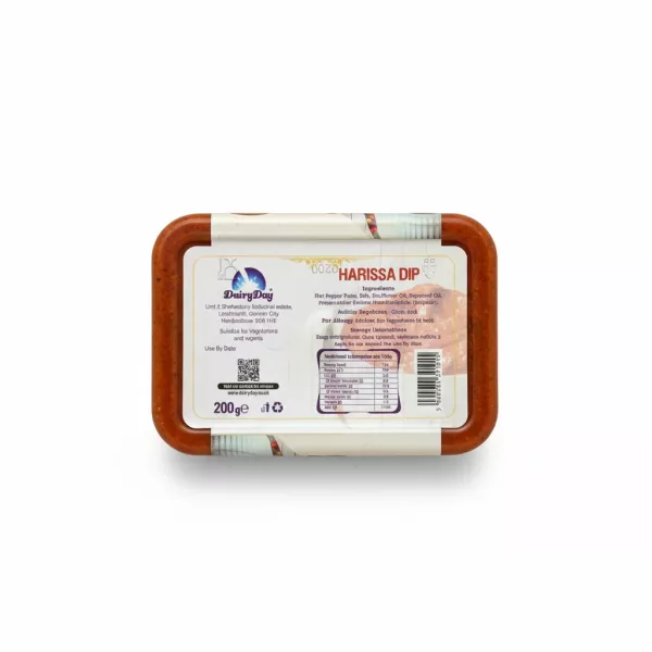 DairyDay Harissa Dip plastic tub back label with ingredients and nutritional information