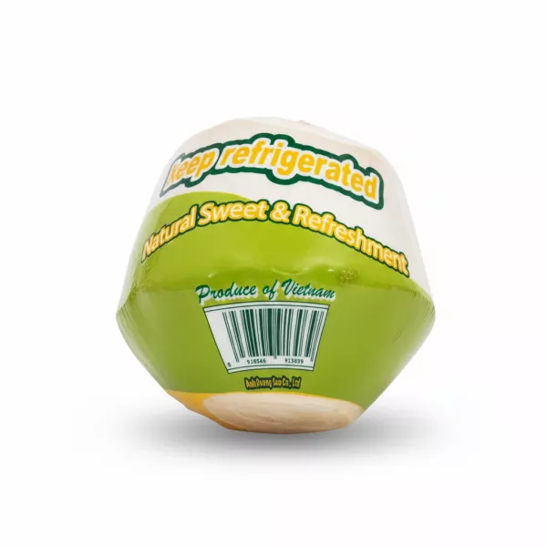 Close-up of green coconut drink packaging showing barcode and produce origin