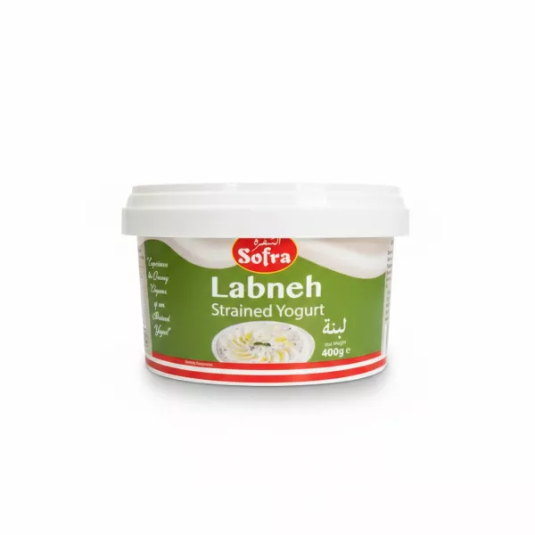 Sofra Labneh strained yogurt 400g container side view with labneh image