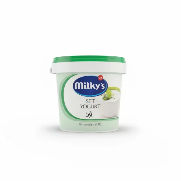 Milky's UK set yogurt tub with green lid front view