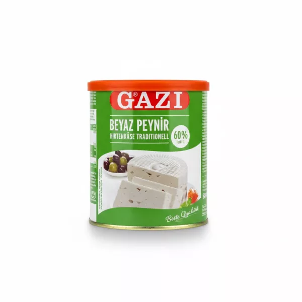 Gazi White Cheese 60% Fat in green and red tin with orange lid