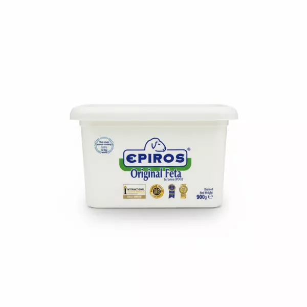 Side view of Epiros Original Feta Cheese container with award logos and branding
