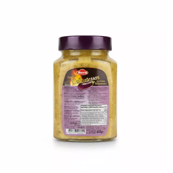 Back label of Sera roasted aubergine puree detailing ingredients and nutrition