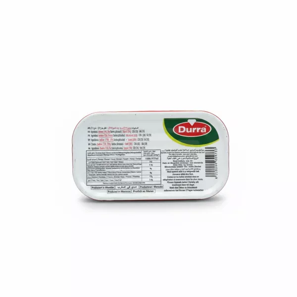 Back of Durra Sardines tin showing ingredients and nutritional facts