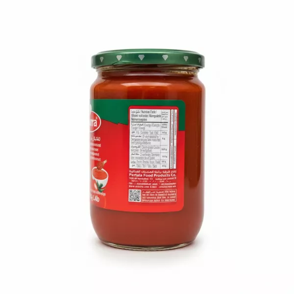 Back view of Durra tomato paste jar with nutrition facts and production info