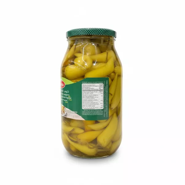 Close-up of Durra Pickled Mexican Hot Peppers label and nutritional facts