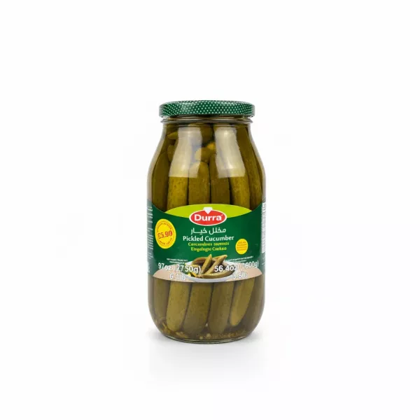 Jar of Durra pickled wild cucumbers with green label and dotted lid