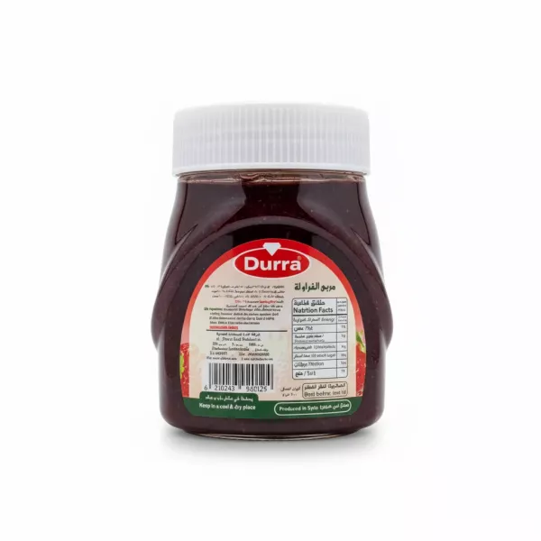 Durra strawberry fruit spread jar back label with ingredients and nutrition facts