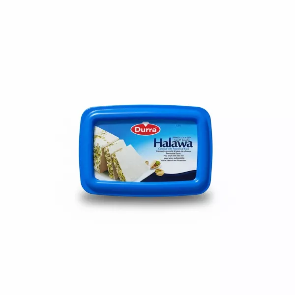 Durra Halawa covered with pistachios in a blue plastic container