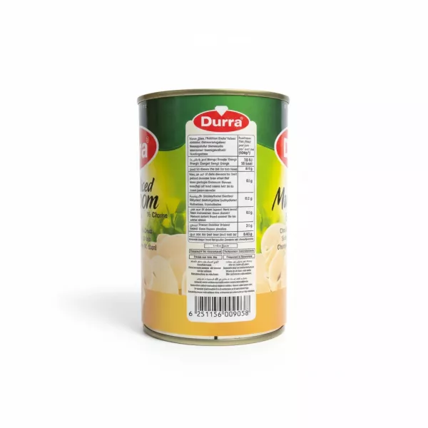 Back of Durra Sliced Mushrooms can with nutritional facts and barcode