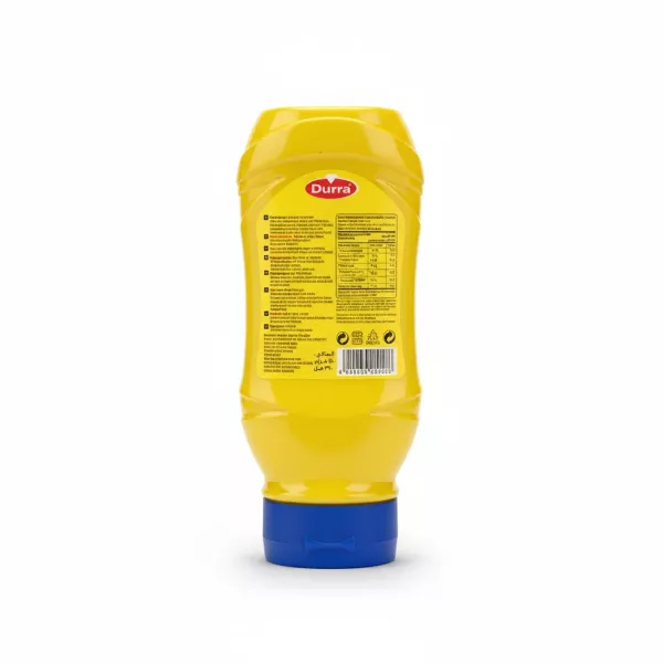 Durra Mustard Sauce yellow squeeze bottle back view with ingredients and nutrition label