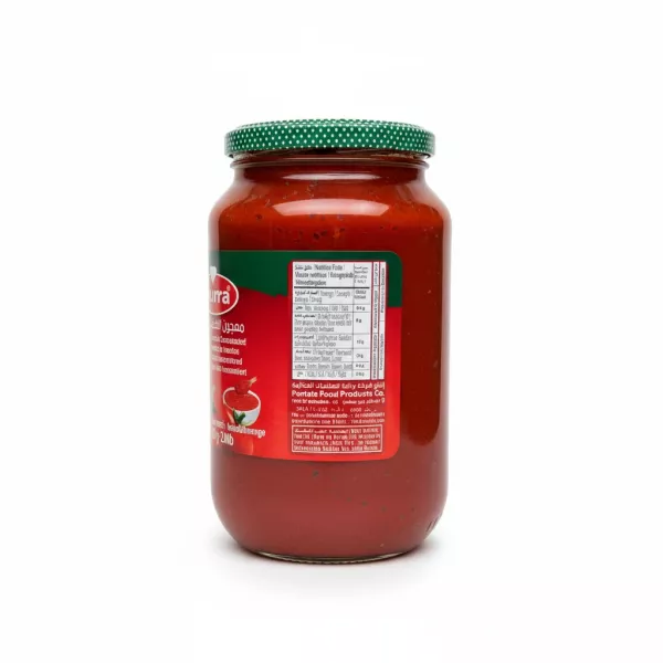 Side view of Durra tomato paste jar displaying nutritional facts