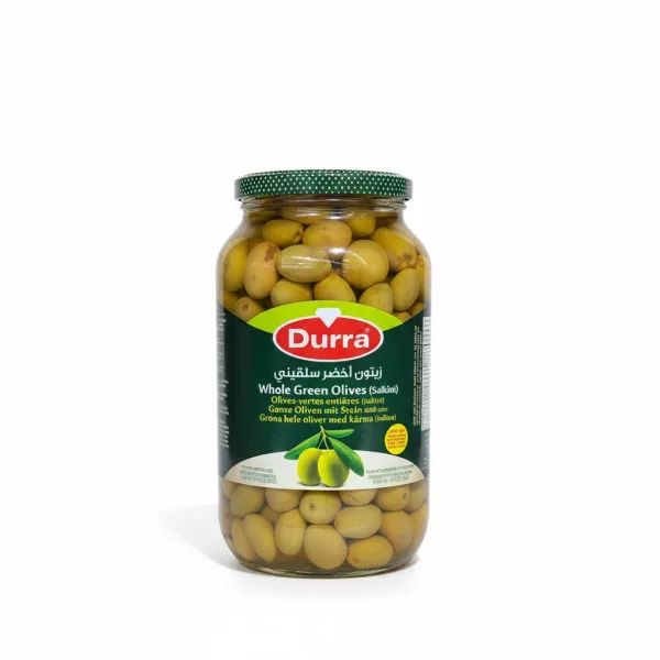 Jar of Halalo Durra Whole Green Olives displayed on wooden shelf