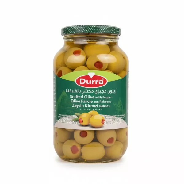 Jar of Durra Stuffed Olives with Pepper showing front label