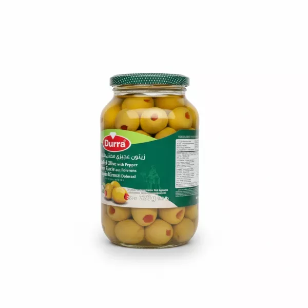 Side view of Durra Stuffed Olives jar with label and olives inside