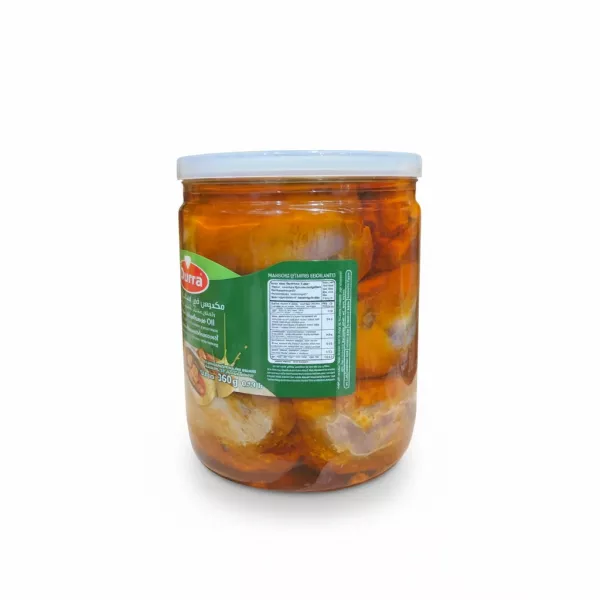 Side view of Durra Makdous showing stuffed eggplants in oil