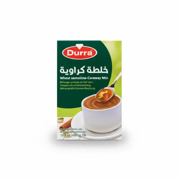 Box of Durra Wheat Semolina Caraway Mix with spoon and cup on front