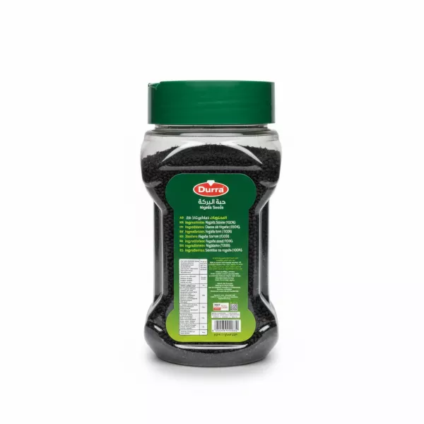Durra Nigella Seeds jar back label with ingredients and nutrition info