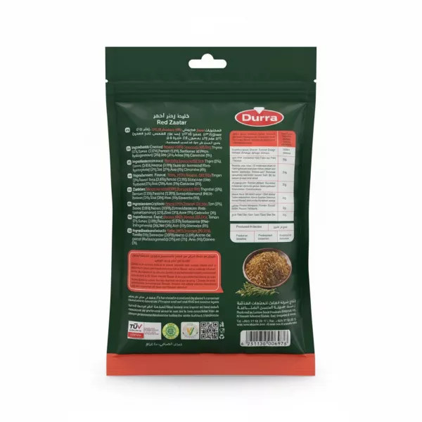 Durra Red Zaatar spice mix packet nutrition and ingredients back