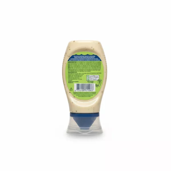 Hellmann's Garlic & Herb Sauce bottle back view showing ingredients and barcode