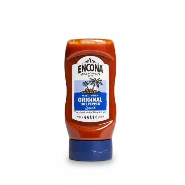 Bottle of Encona West Indian Original Hot Pepper Sauce front label