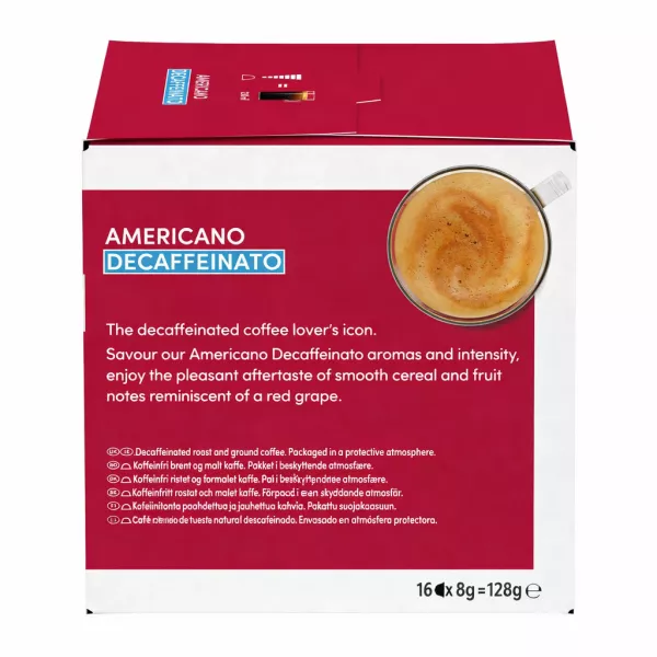 Back view of Nescafe Dolce Gusto Americano Decaffeinato package with aroma description