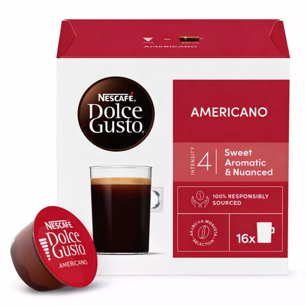 Nescafé Dolce Gusto Americano coffee pods and box with branding and intensity 4 label