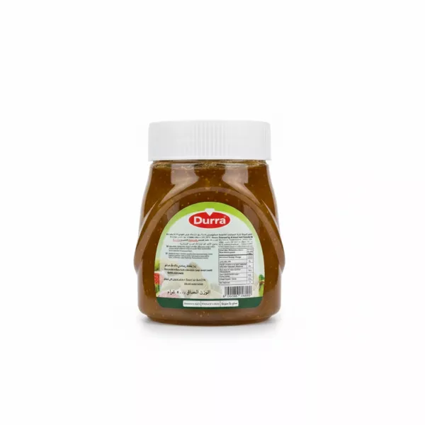 Back label of Durra Fig Fruit Spread jar displaying ingredients and nutritional facts