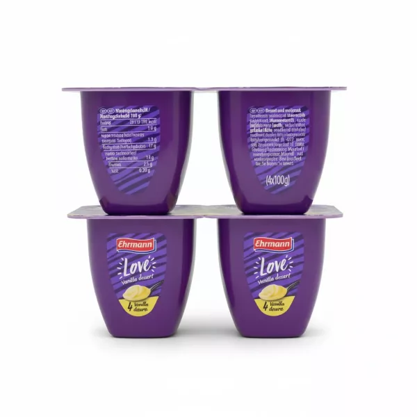 Stack of Ehrmann Love Vanilla Dessert packs on shelf