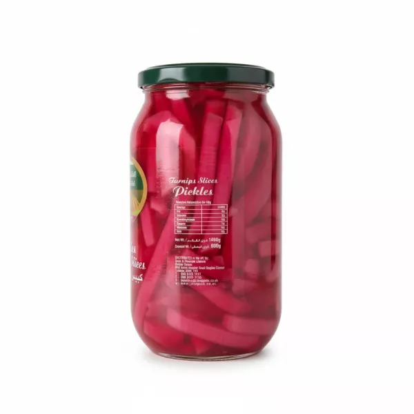 Side view of Al Dayaa Turnip Slices Pickles jar showing nutrition info