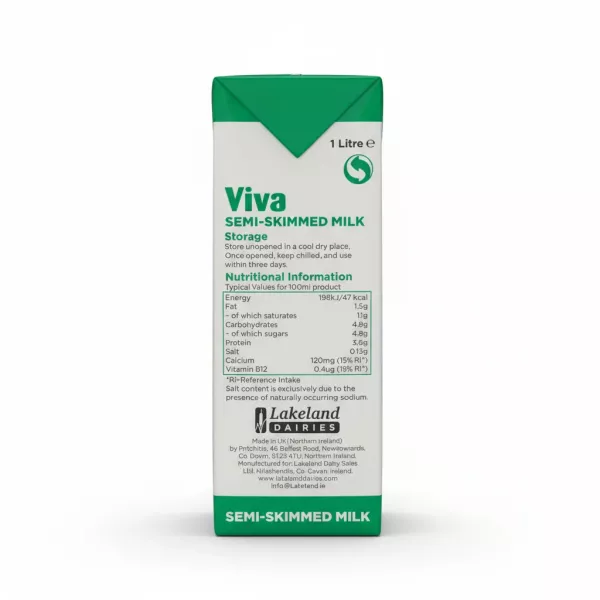 Viva Semi-Skimmed Milk 1 Litre Nutritional Information and Storage Instructions