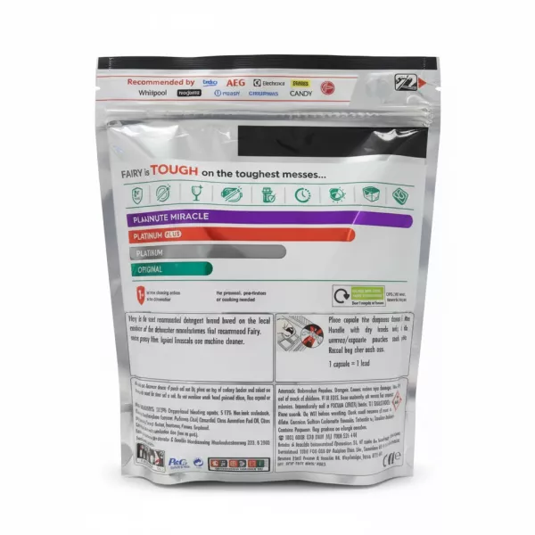Fairy Platinum Plus dishwasher capsules pouch back with usage instructions