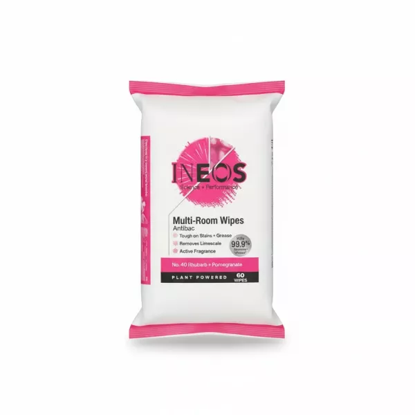 Package of INEOS Multi-Room Antibac Wipes with Rhubarb and Pomegranate scent