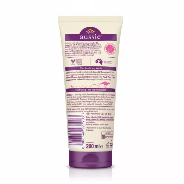 Aussie Bouncy Curls Hydrating Conditioner tube back with ingredients and usage instructions