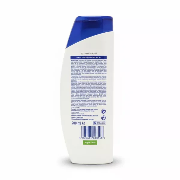 Back label with ingredients and usage information of Apple Fresh shampoo