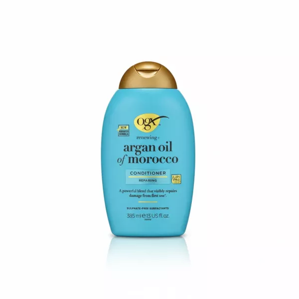 Blue bottle of OGX Renewing Argan Oil Conditioner front label
